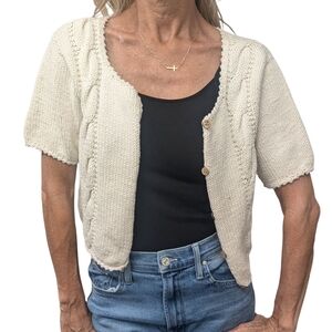 Vintage Cream Cable Knit Cotton Cardigan Button Front Short Sleeve Cottagecore